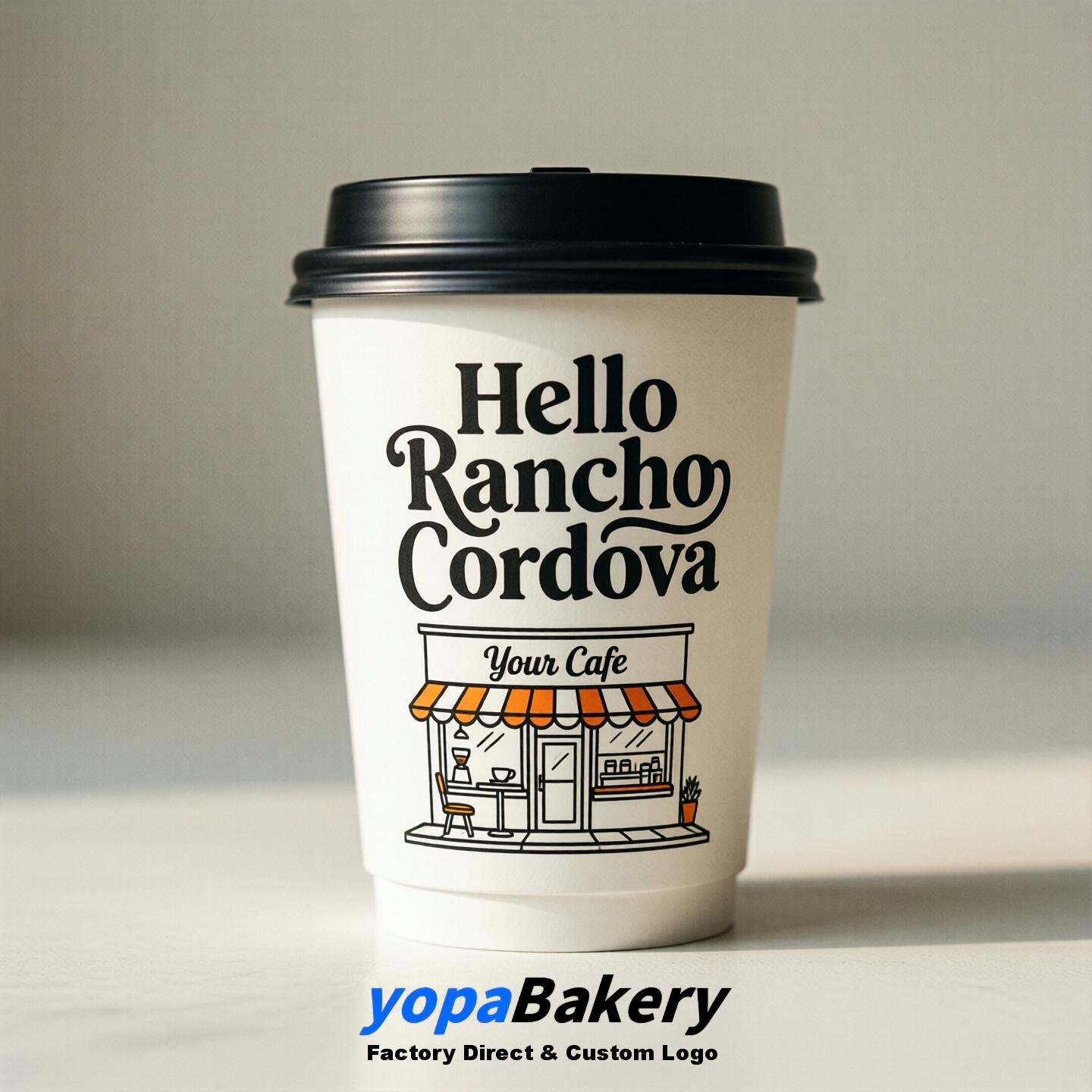 'Hello Rancho Cordova' Paper Coffee Cups | Rancho Cordova Cafe Packaging Design Agency