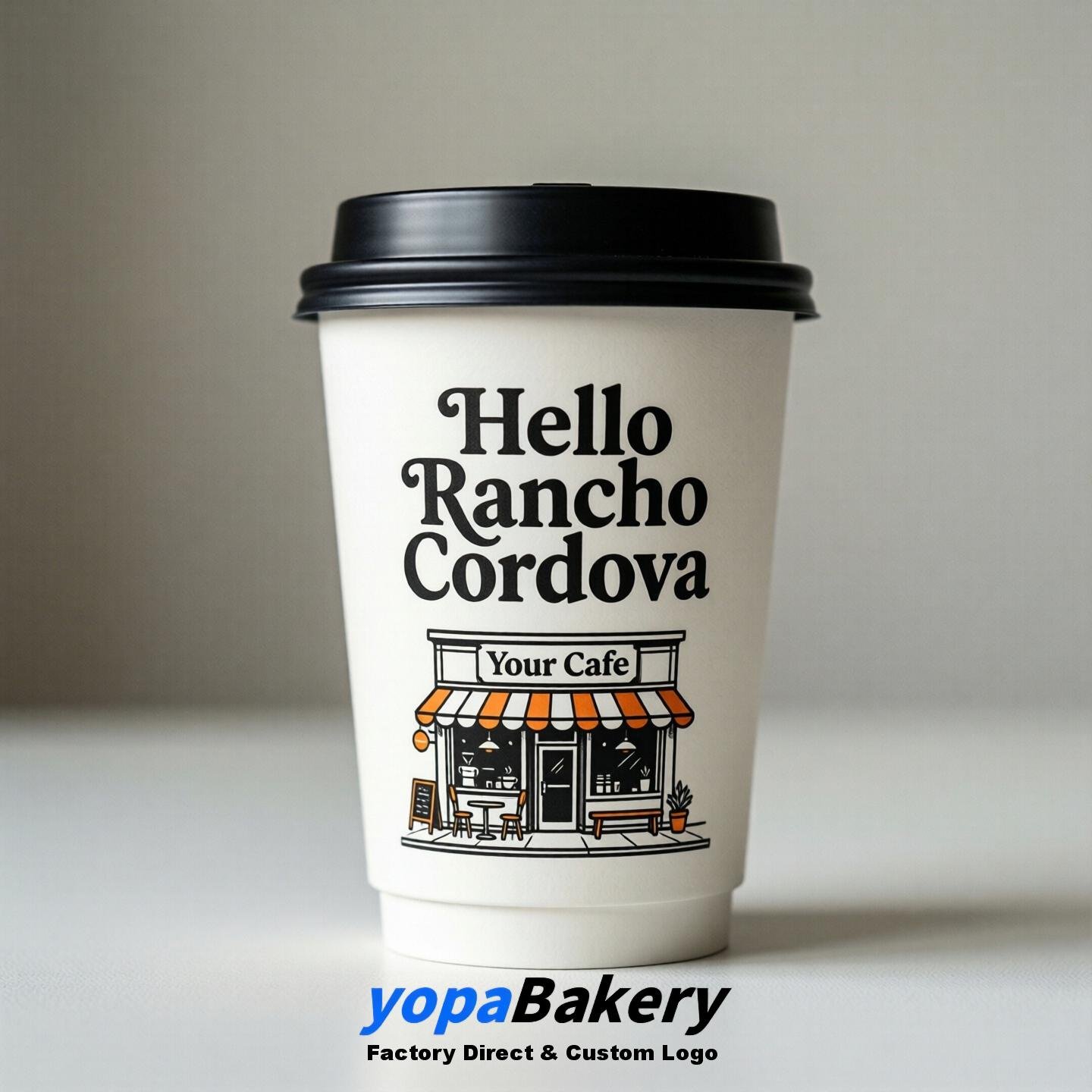 'Hello Rancho Cordova' Paper Coffee Cups | Rancho Cordova Cafe Packaging Design Agency