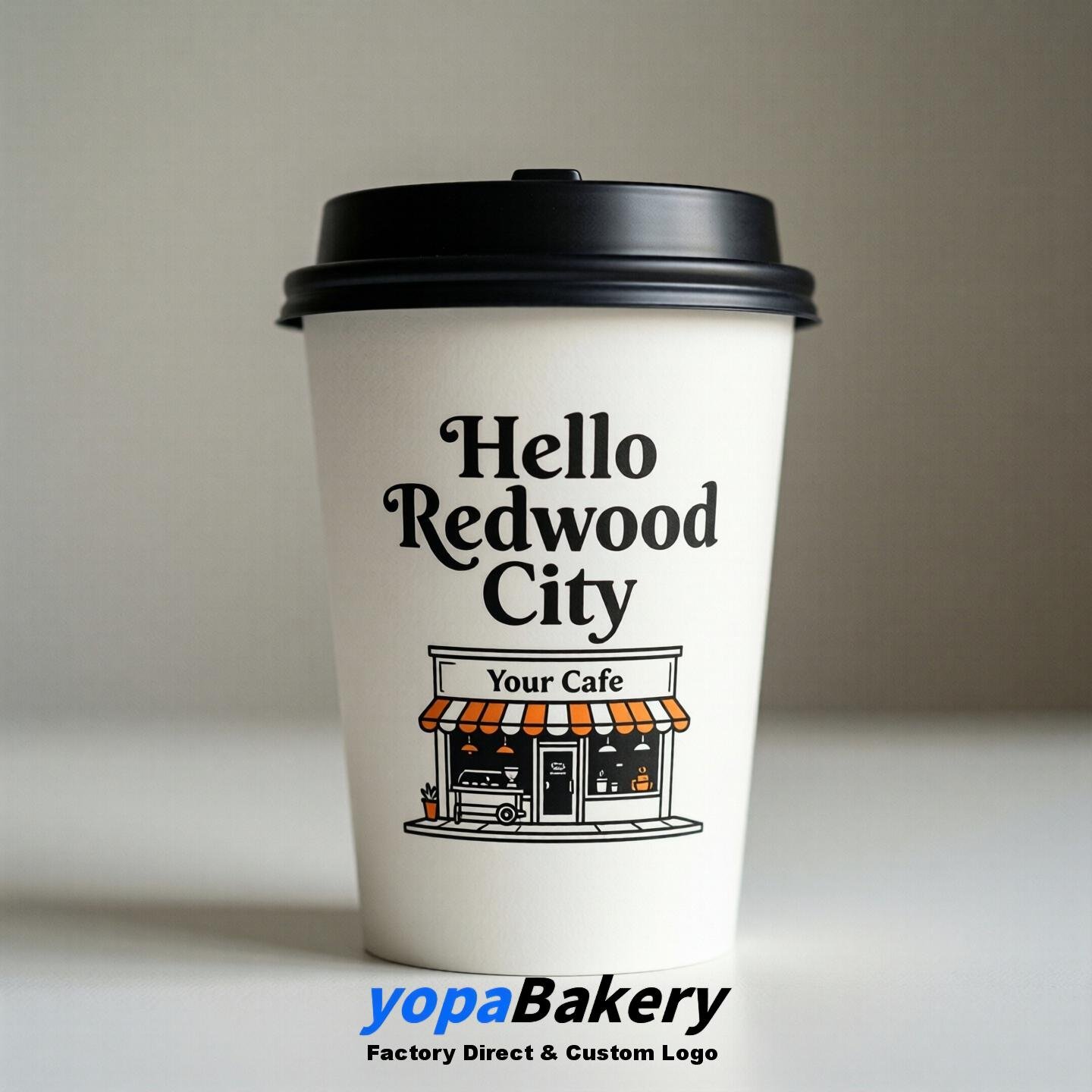 'Hello Redwood City' Paper Coffee Cups | Redwood City Cafe Packaging Design Agency