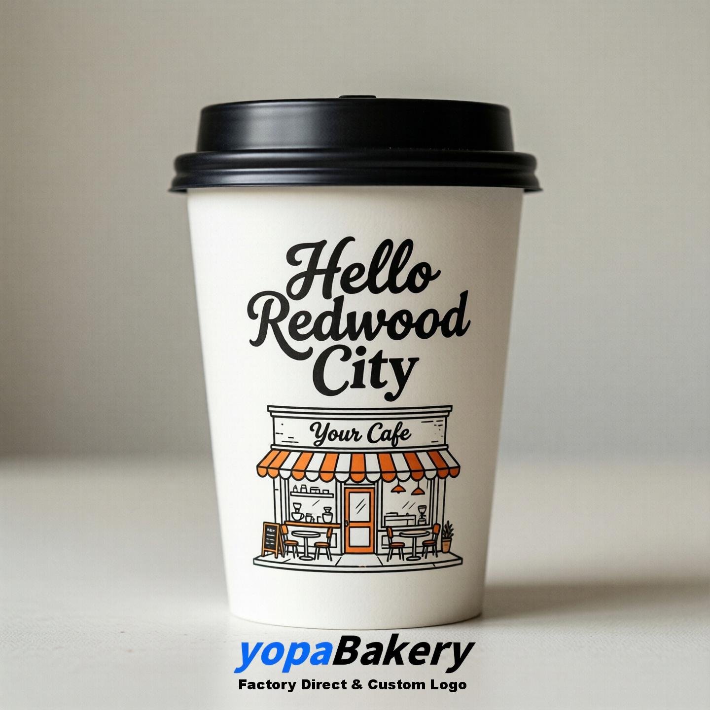 'Hello Redwood City' Paper Coffee Cups | Redwood City Cafe Packaging Design Agency