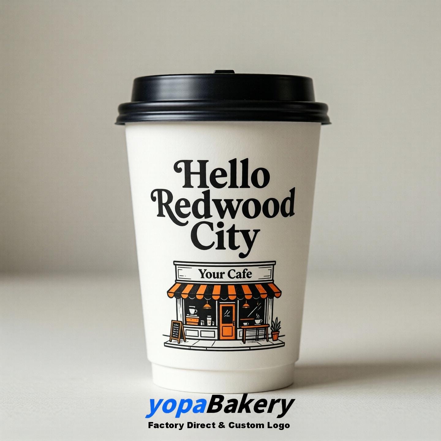 'Hello Redwood City' Paper Coffee Cups | Redwood City Cafe Packaging Design Agency