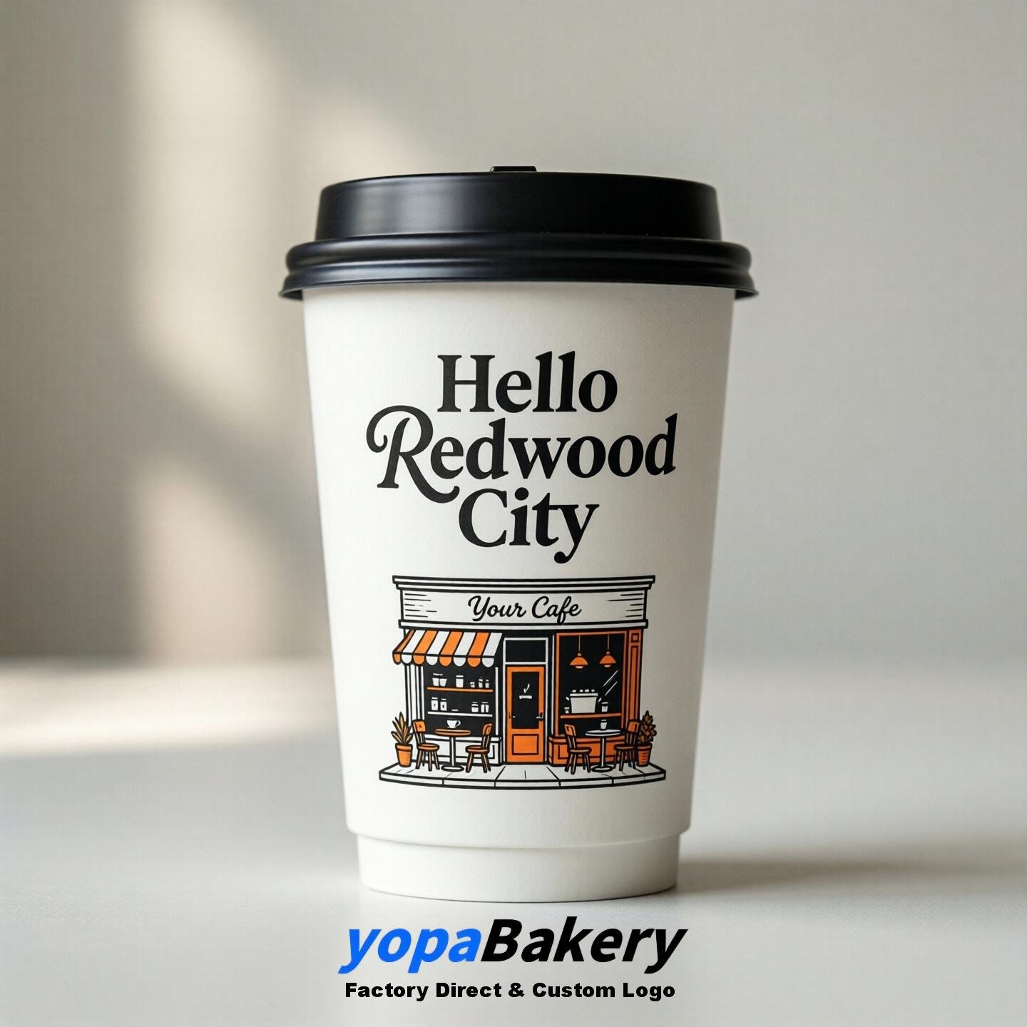'Hello Redwood City' Paper Coffee Cups | Redwood City Cafe Packaging Design Agency