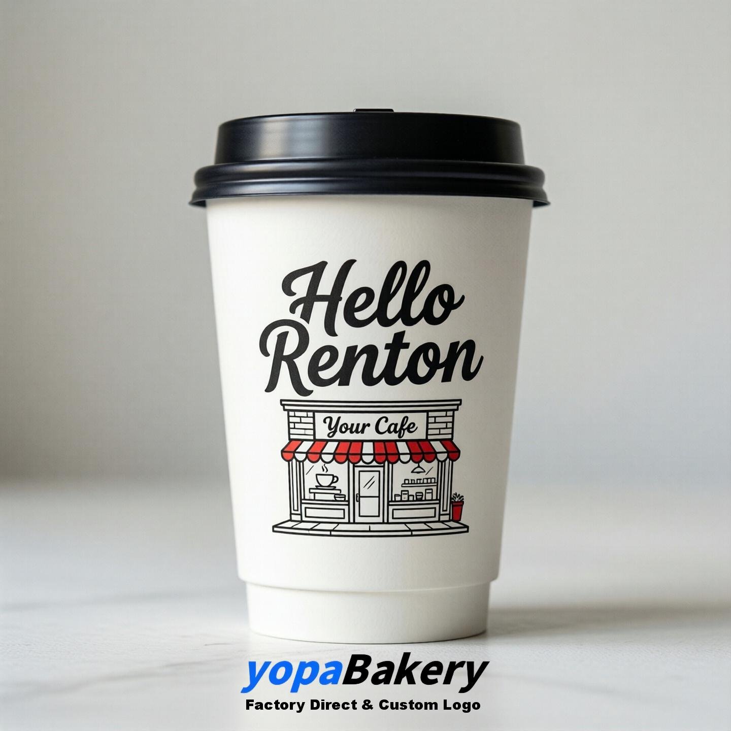 'Welcome to Renton' Paper Coffee Cups | Renton Cafe Packaging Design Firm