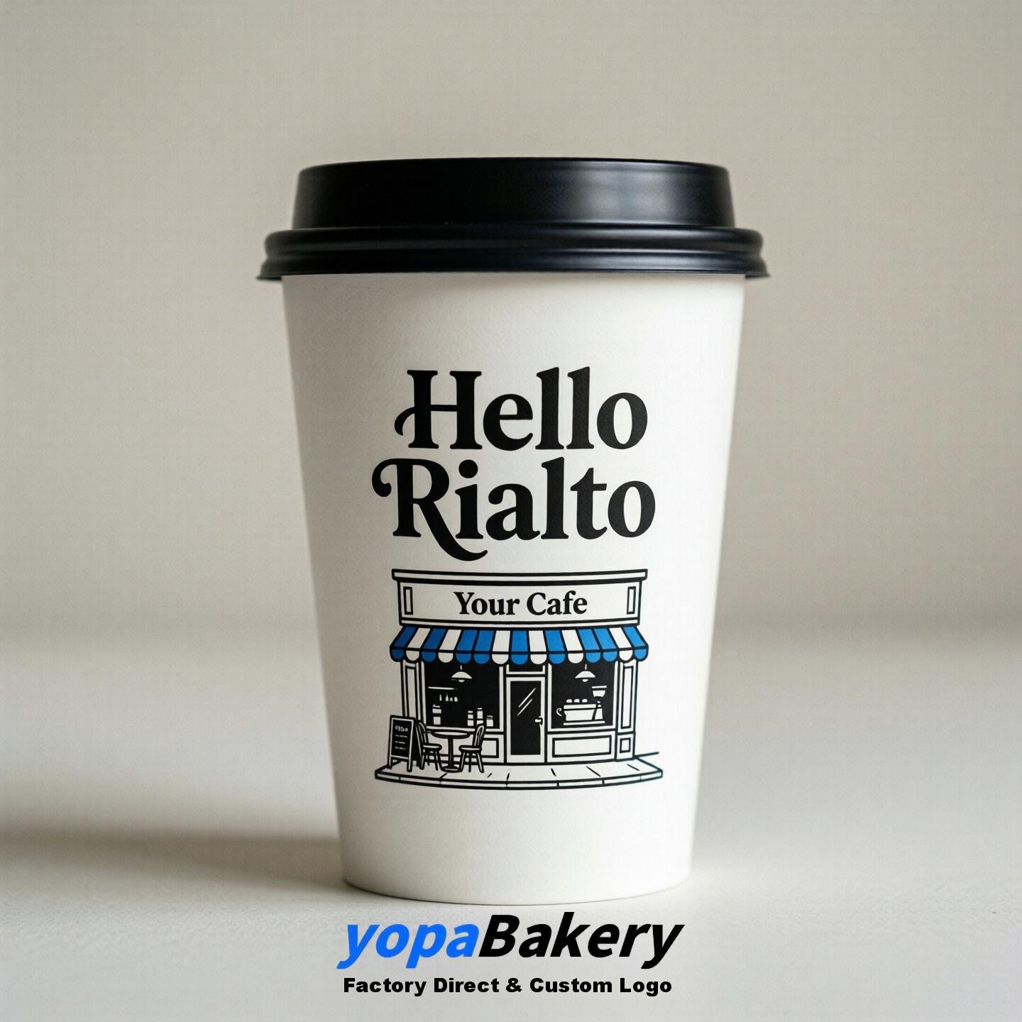'Welcome to Rialto' Paper Coffee Cups | Rialto Cafe Packaging Design Firm
