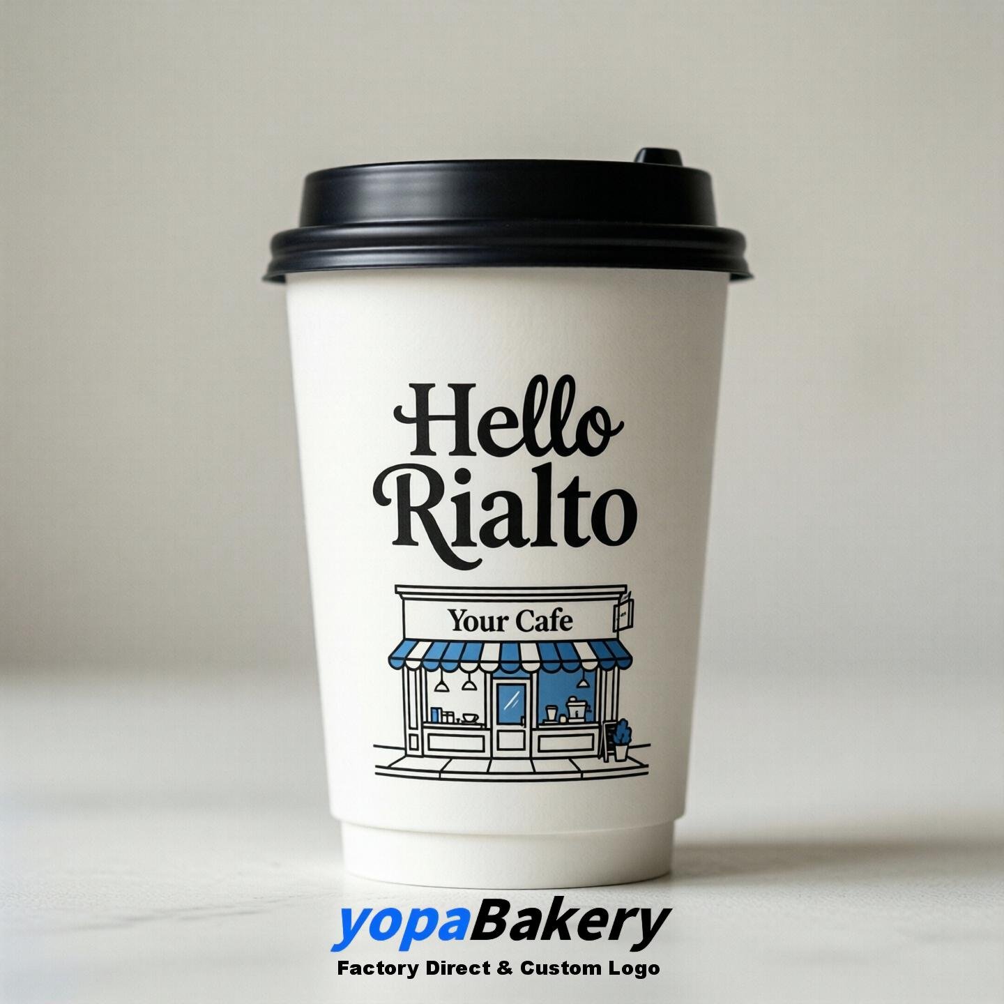'Welcome to Rialto' Paper Coffee Cups | Rialto Cafe Packaging Design Firm