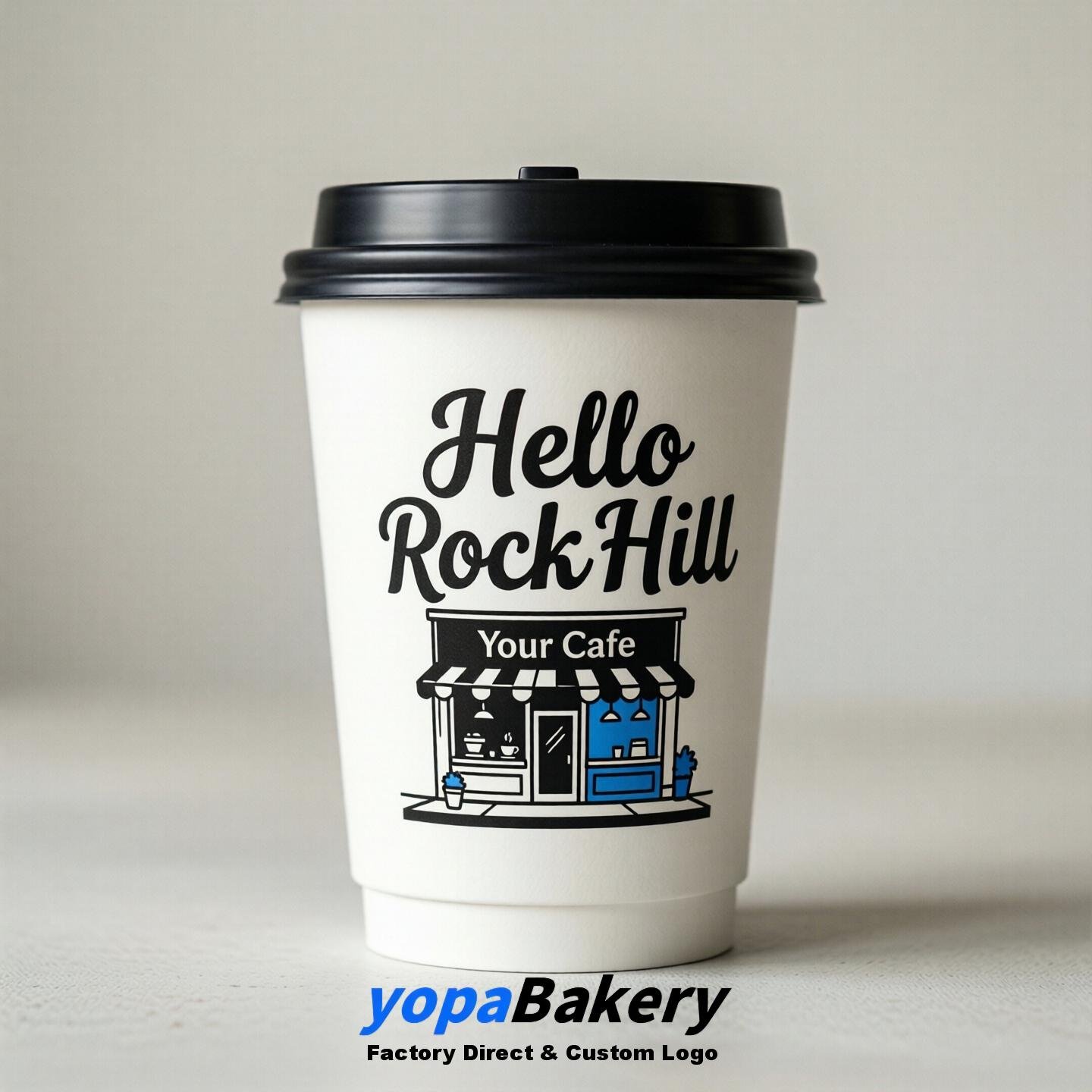 'Hello Rock Hill' Paper Coffee Cups | Rock Hill Cafe Packaging Design Agency