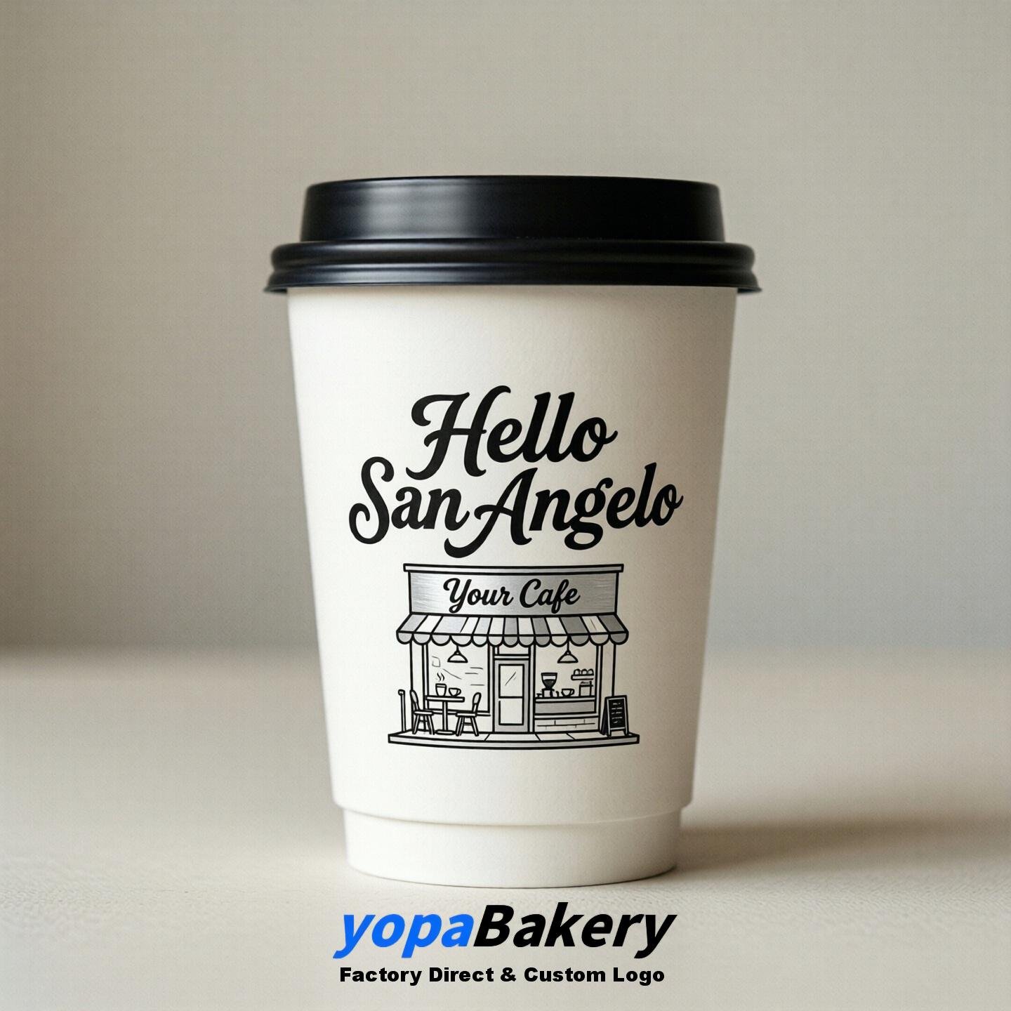 'Welcome to San Angelo' Paper Coffee Cups | San Angelo Cafe Packaging Design Firm