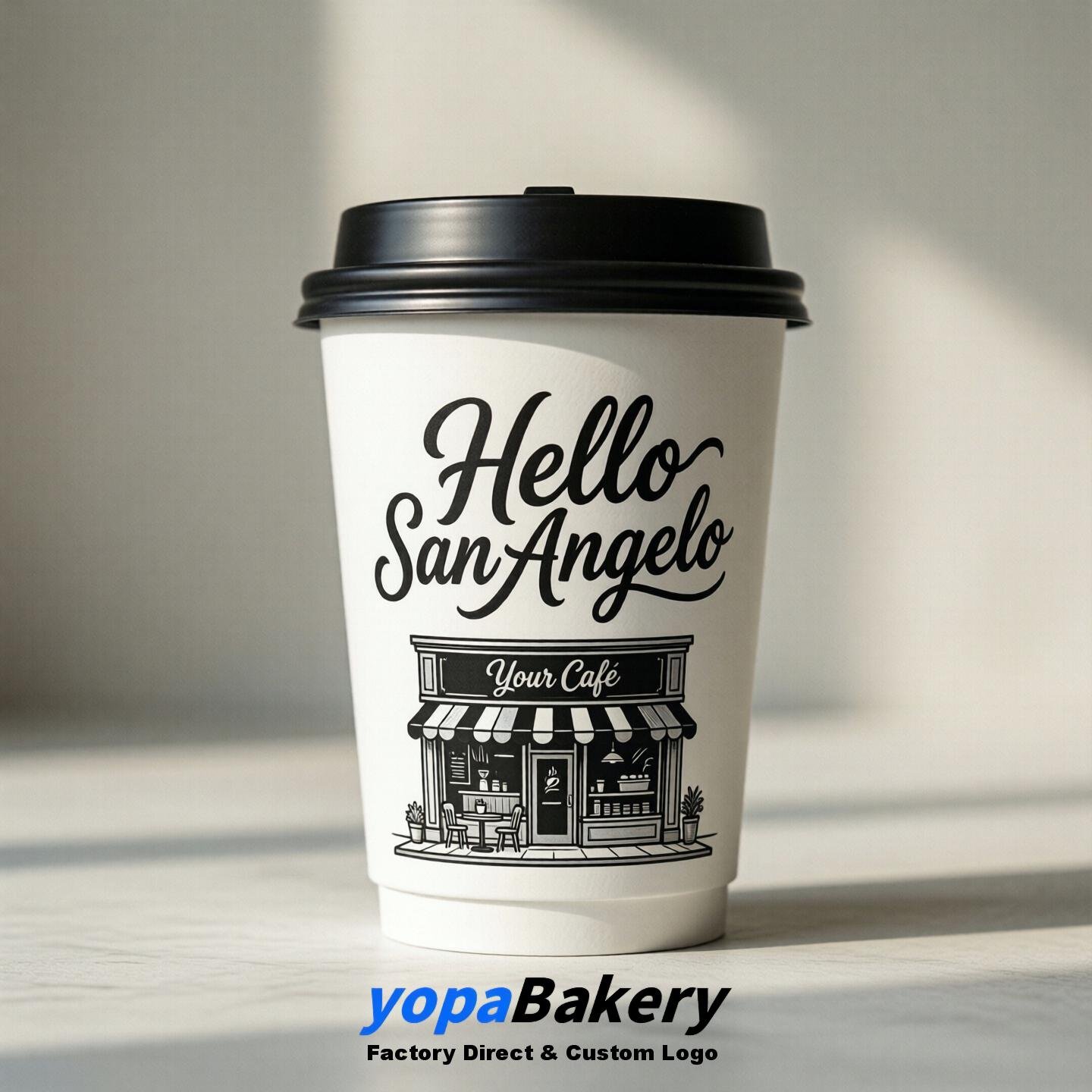'Welcome to San Angelo' Paper Coffee Cups | San Angelo Cafe Packaging Design Firm