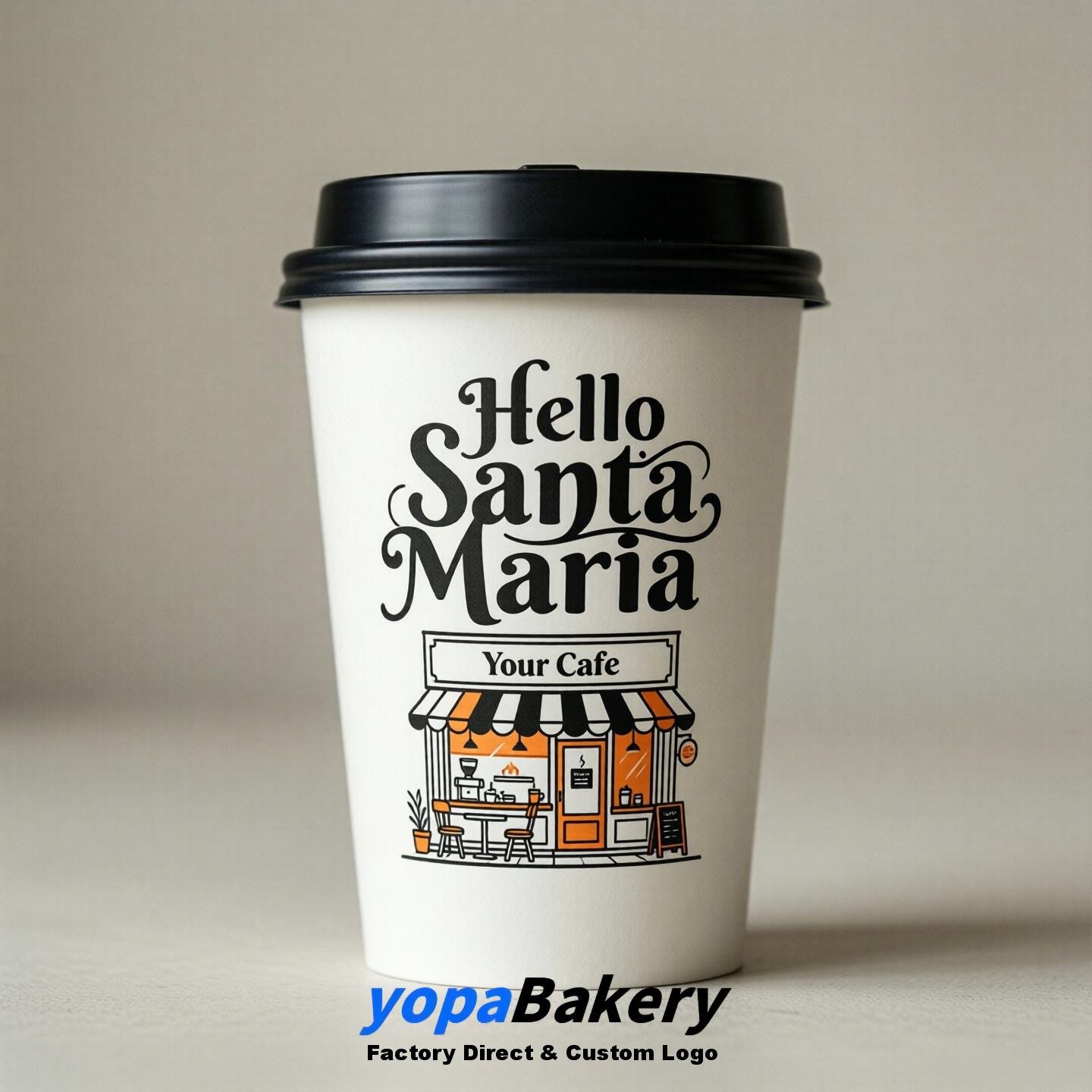 'Welcome to Santa Maria' Paper Coffee Cups | Santa Maria Cafe Packaging Design Firm