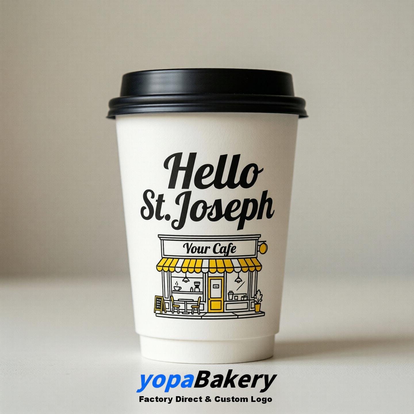 'Hello St. Joseph' Paper Coffee Cups | St. Joseph Cafe Packaging Design Agency