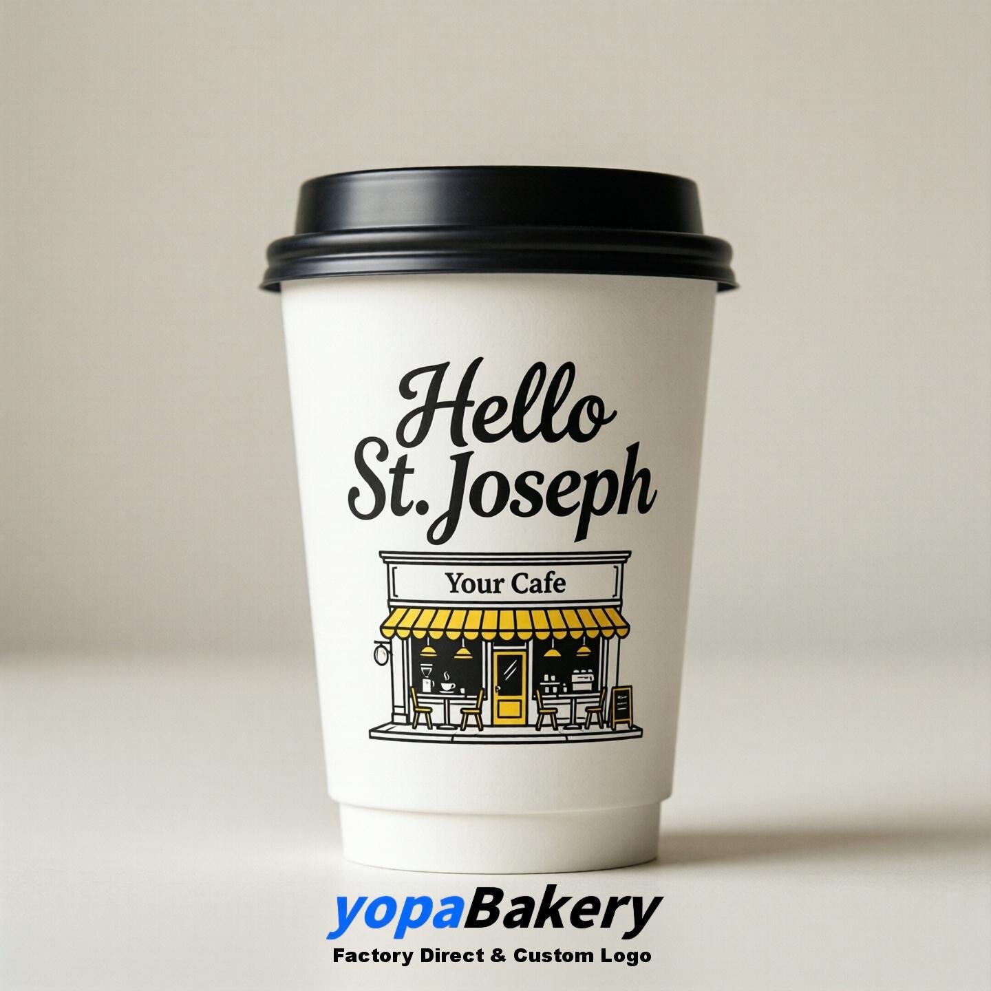 'Hello St. Joseph' Paper Coffee Cups | St. Joseph Cafe Packaging Design Agency