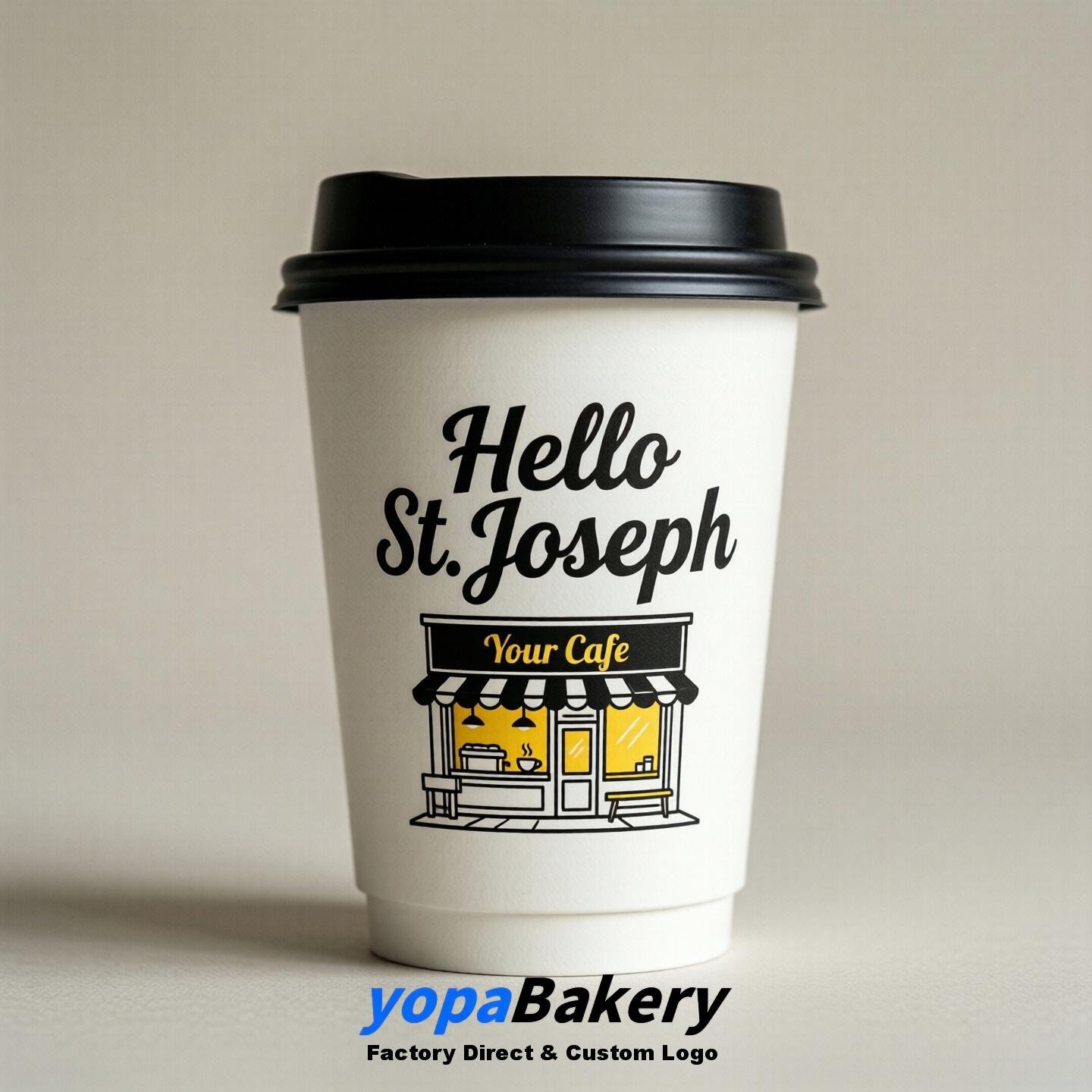 'Hello St. Joseph' Paper Coffee Cups | St. Joseph Cafe Packaging Design Agency