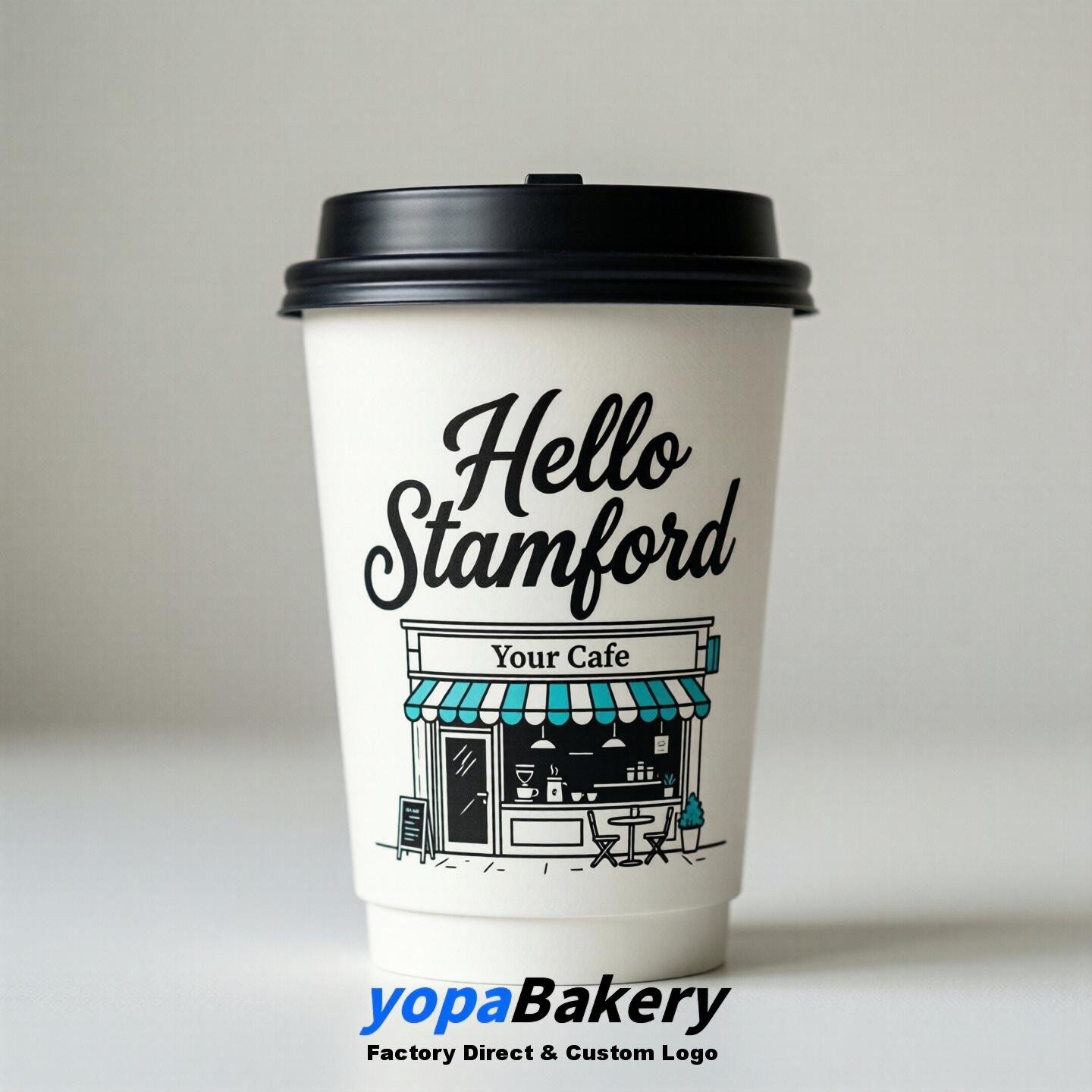 'Welcome to Stamford' Paper Coffee Cups | Stamford Cafe Packaging Design Firm
