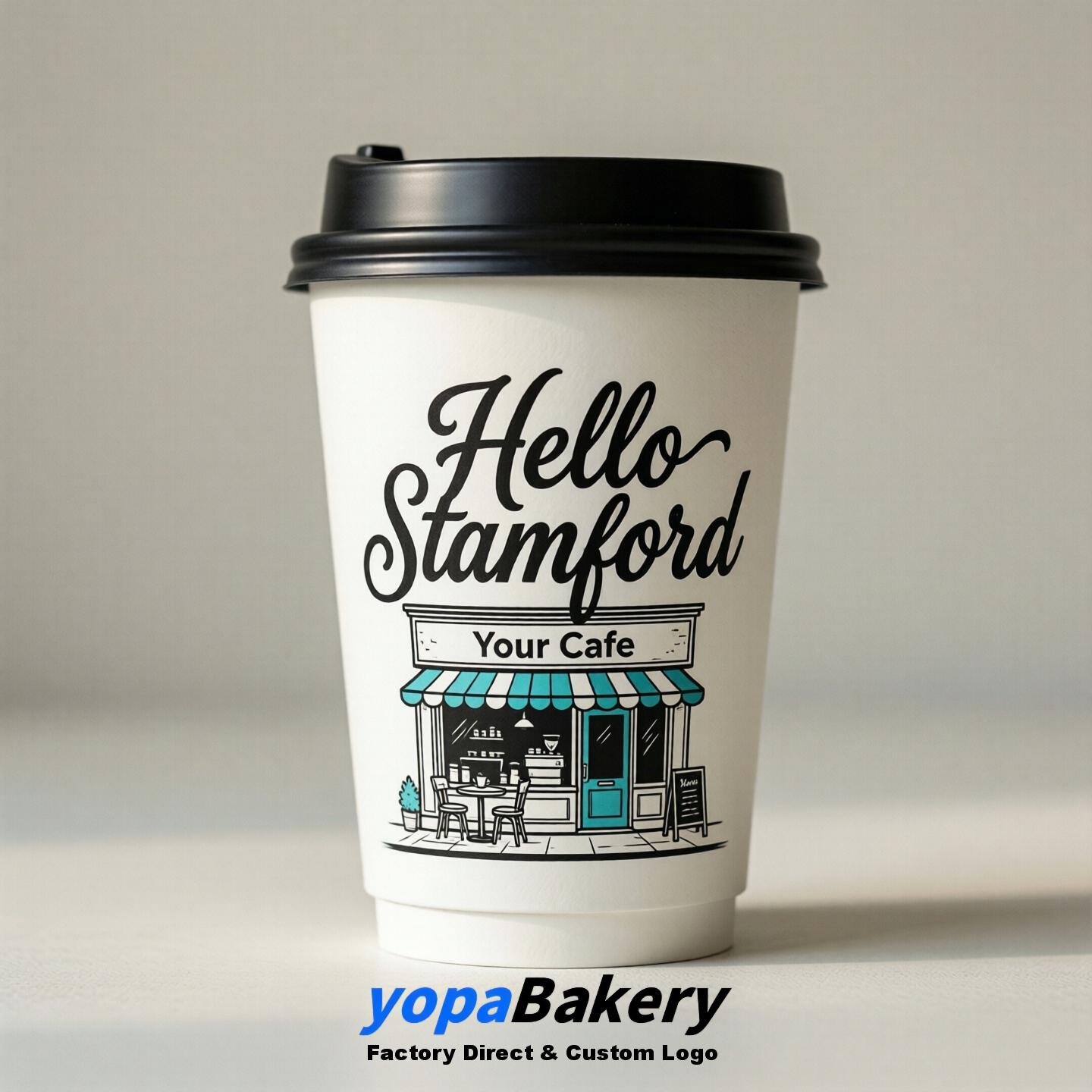 'Welcome to Stamford' Paper Coffee Cups | Stamford Cafe Packaging Design Firm