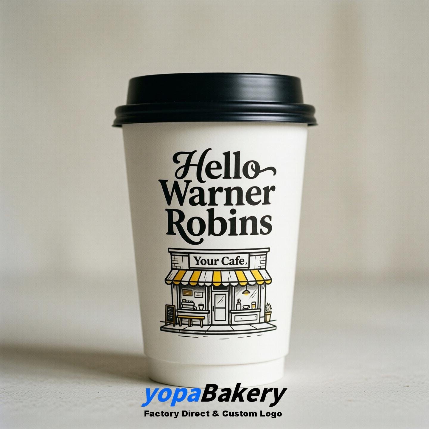 'Hello Warner Robins' Paper Coffee Cups | Warner Robins Cafe Packaging Design Agency