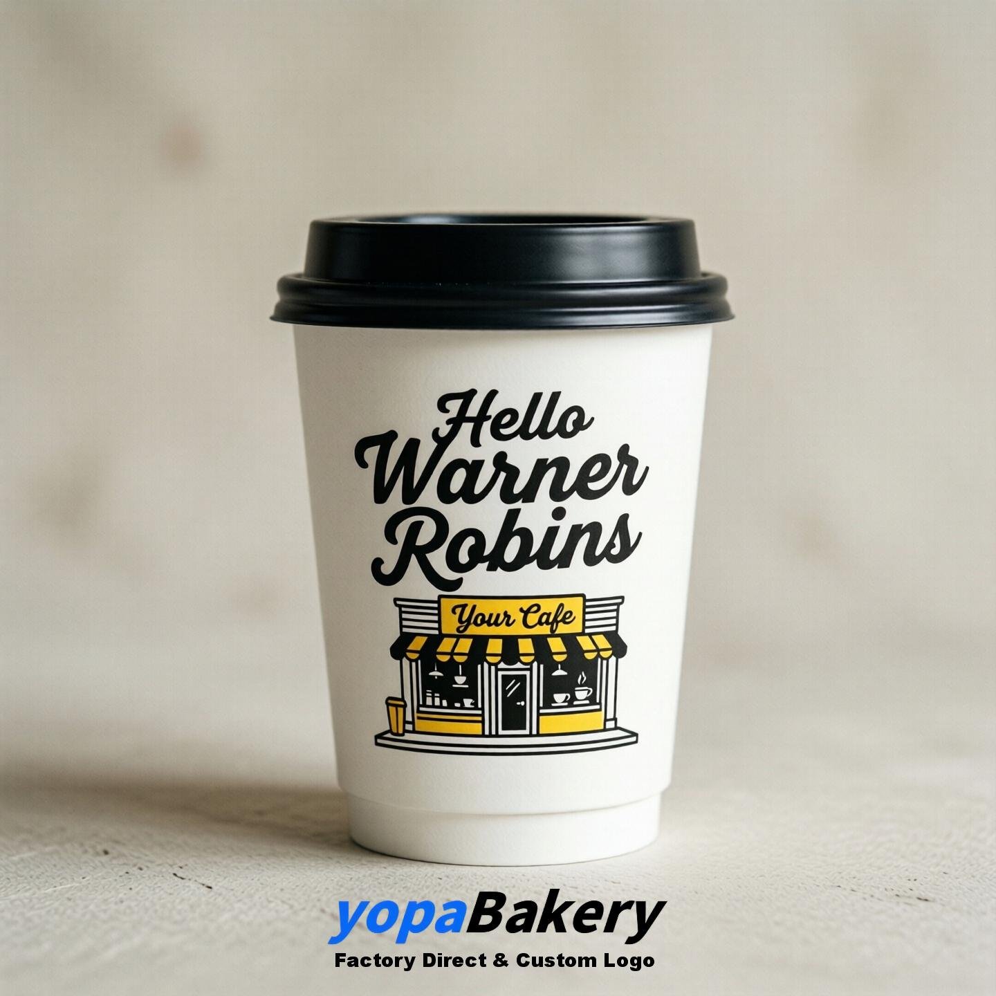 'Hello Warner Robins' Paper Coffee Cups | Warner Robins Cafe Packaging Design Agency